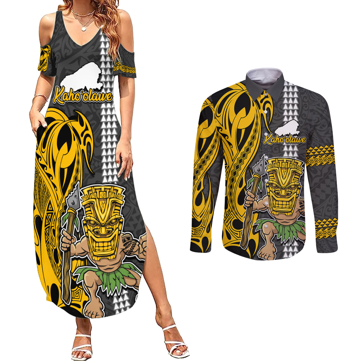 Custom Hawaii Kahoolawe Island Couples Matching Summer Maxi Dress and Long Sleeve Button Shirts Hawaiian Warrior and Kakau Symbols Abstract Tattoo LT03 Yellow - Polynesian Pride