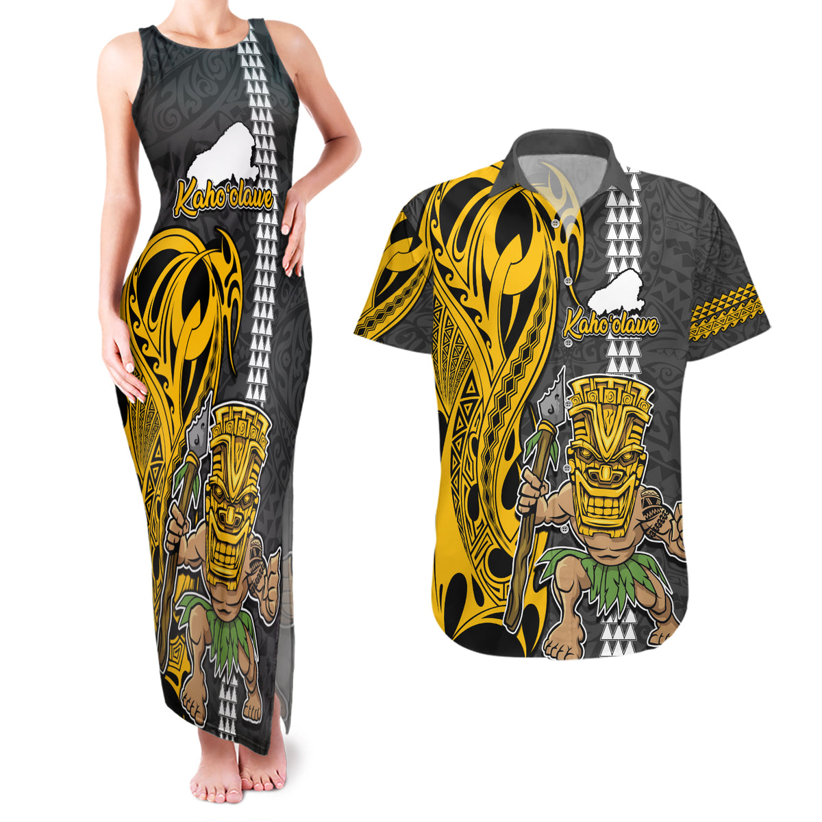 Custom Hawaii Kahoolawe Island Couples Matching Tank Maxi Dress and Hawaiian Shirt Hawaiian Warrior and Kakau Symbols Abstract Tattoo LT03 Yellow - Polynesian Pride