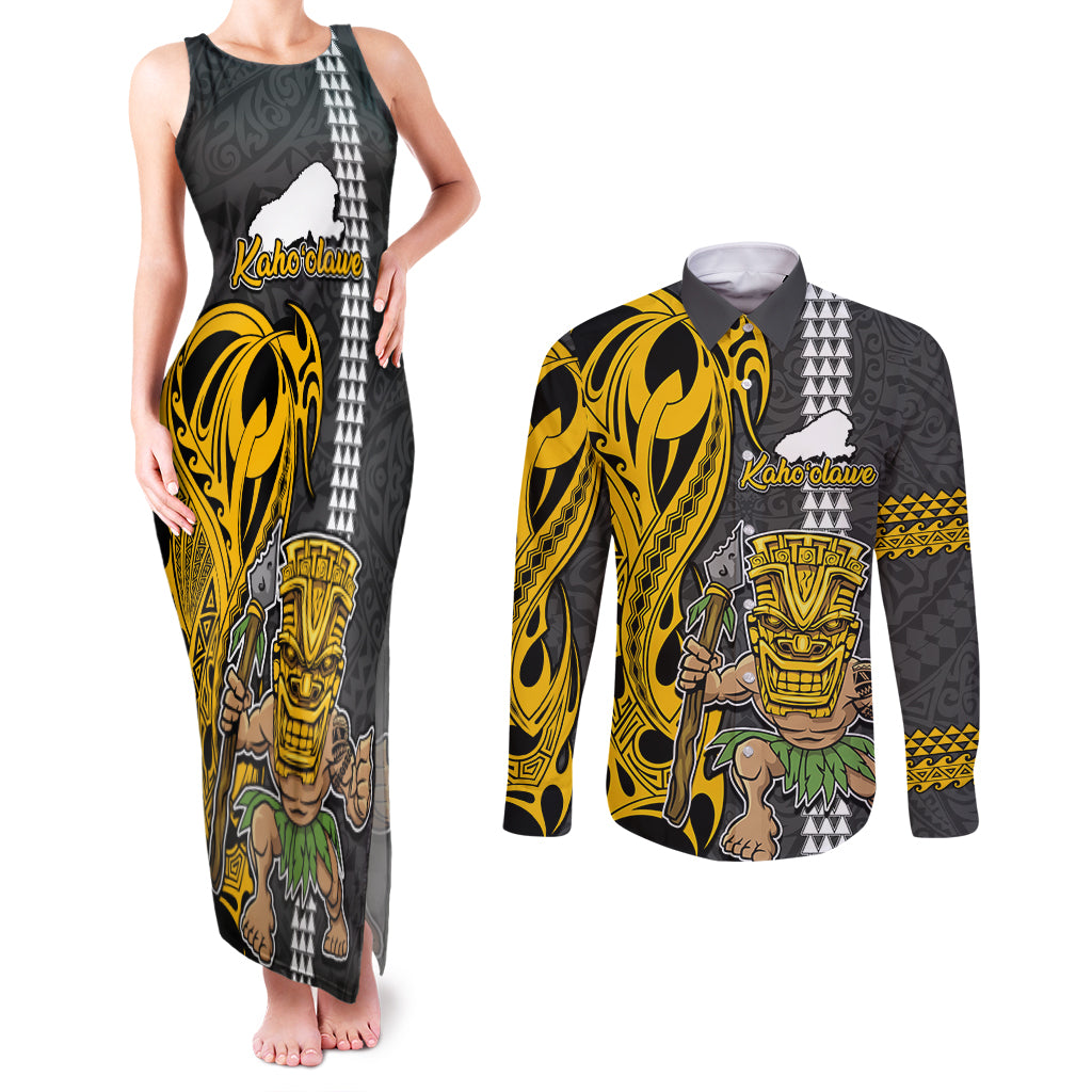 Custom Hawaii Kahoolawe Island Couples Matching Tank Maxi Dress and Long Sleeve Button Shirts Hawaiian Warrior and Kakau Symbols Abstract Tattoo LT03 Yellow - Polynesian Pride