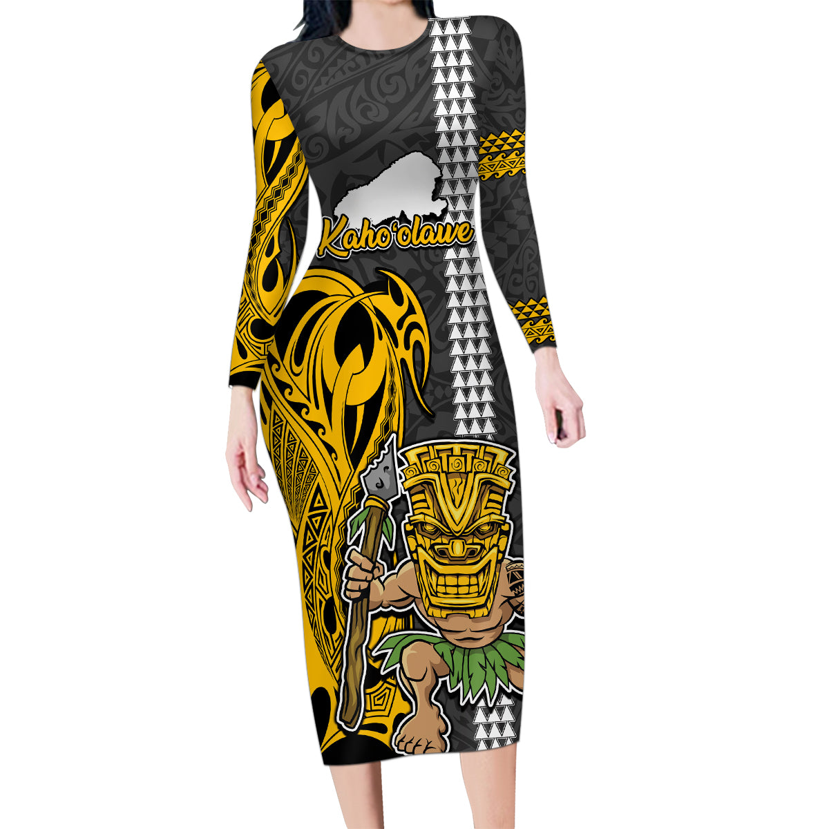 Custom Hawaii Kahoolawe Island Family Matching Long Sleeve Bodycon Dress and Hawaiian Shirt Hawaiian Warrior and Kakau Symbols Abstract Tattoo LT03 Mom's Dress Yellow - Polynesian Pride