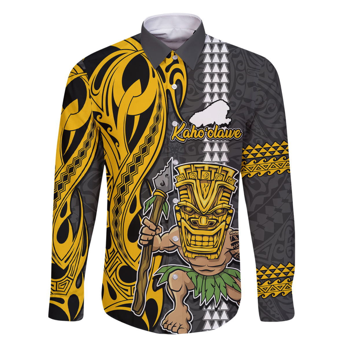 Custom Hawaii Kahoolawe Island Family Matching Mermaid Dress and Hawaiian Shirt Hawaiian Warrior and Kakau Symbols Abstract Tattoo LT03 Dad's Shirt - Long Sleeve Yellow - Polynesian Pride