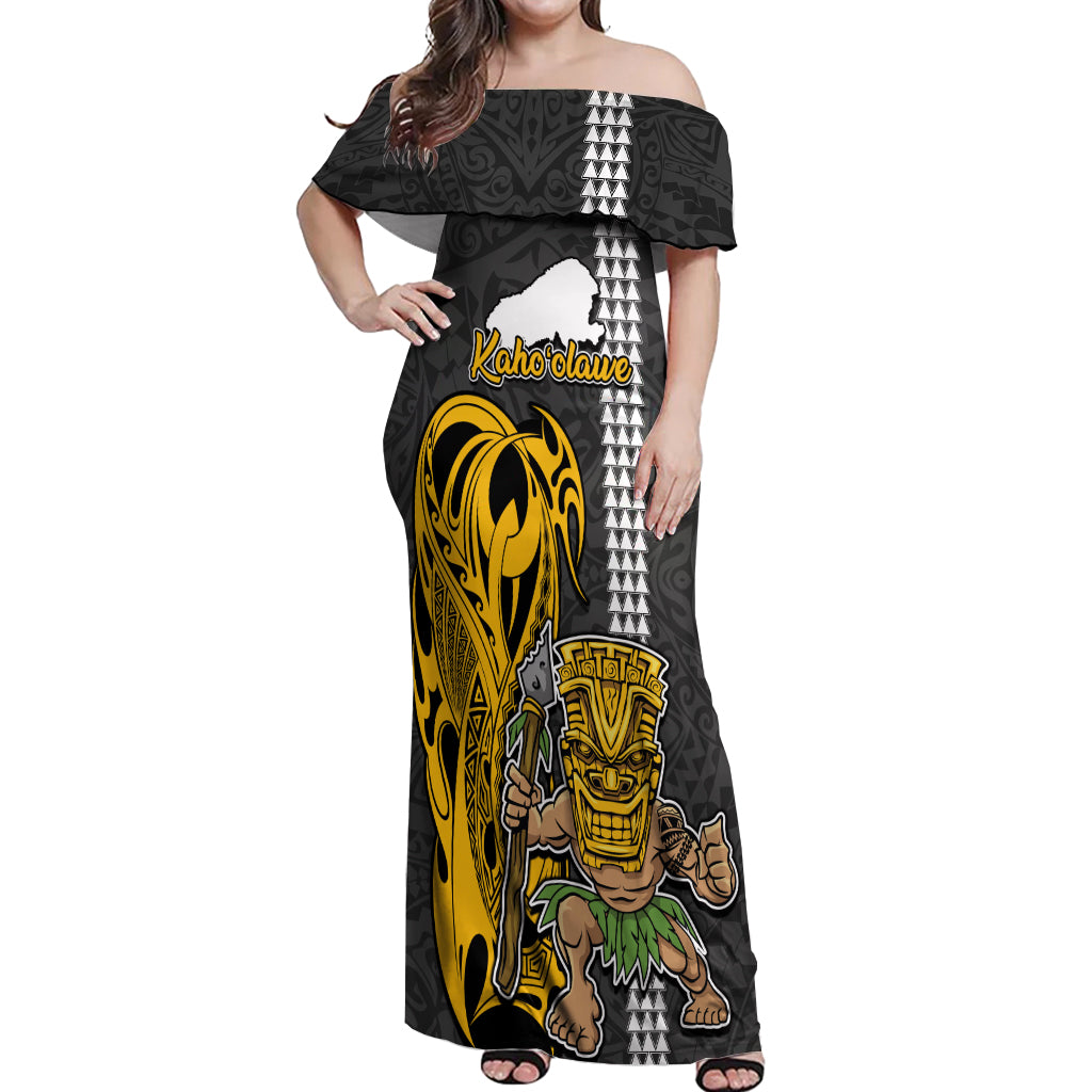 Custom Hawaii Kahoolawe Island Off Shoulder Maxi Dress Hawaiian Warrior and Kakau Symbols Abstract Tattoo LT03 Women Yellow - Polynesian Pride