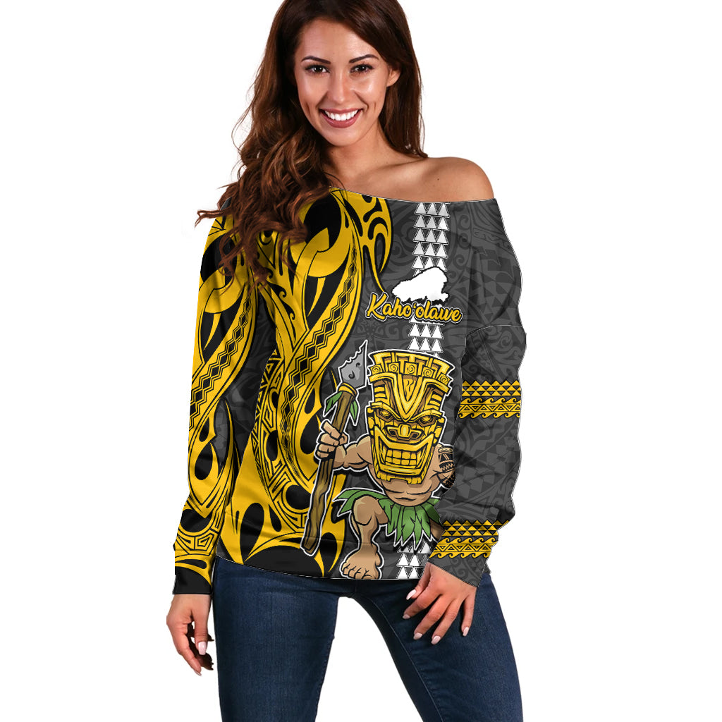 Custom Hawaii Kahoolawe Island Off Shoulder Sweater Hawaiian Warrior and Kakau Symbols Abstract Tattoo LT03 Women Yellow - Polynesian Pride