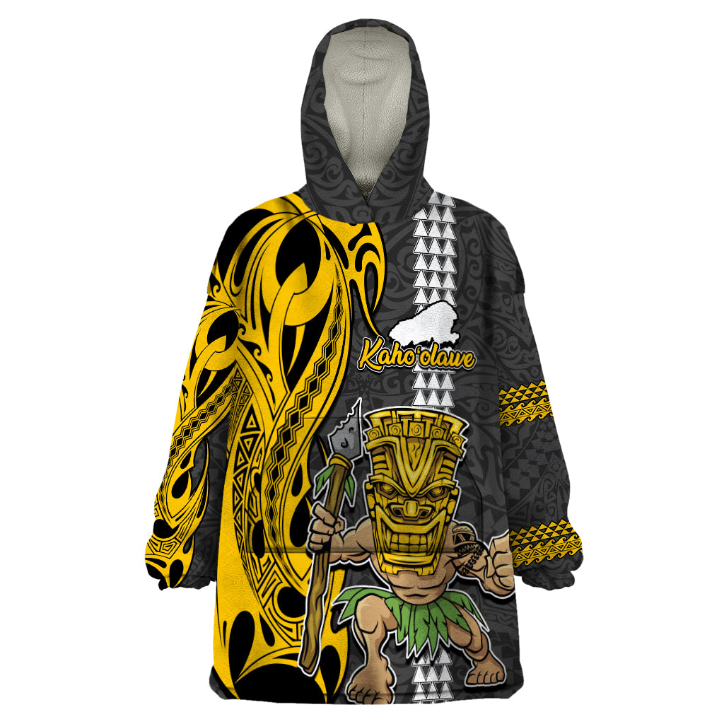 Custom Hawaii Kahoolawe Island Wearable Blanket Hoodie Hawaiian Warrior and Kakau Symbols Abstract Tattoo LT03 One Size Yellow - Polynesian Pride