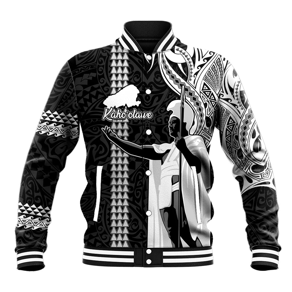 Hawaii Kahoolawe Island Baseball Jacket Hawaiian King and Kakau Symbols Abstract Shoulder Tattoo LT03 Unisex Black - Polynesian Pride