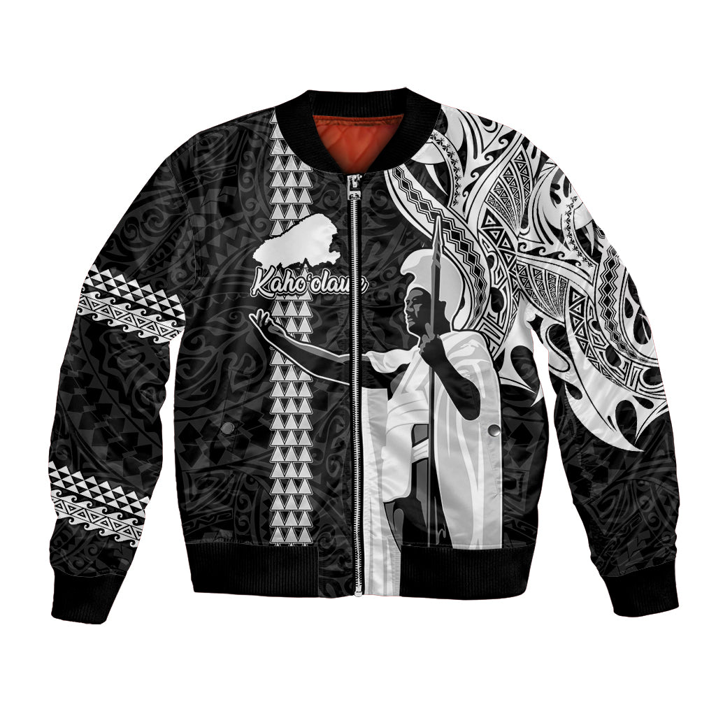 Hawaii Kahoolawe Island Bomber Jacket Hawaiian King and Kakau Symbols Abstract Shoulder Tattoo LT03 Unisex Black - Polynesian Pride