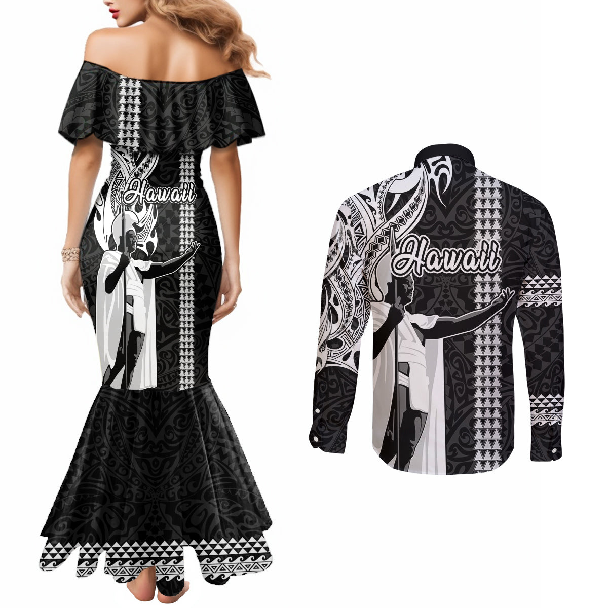 Hawaii Kahoolawe Island Couples Matching Mermaid Dress and Long Sleeve Button Shirts Hawaiian King and Kakau Symbols Abstract Shoulder Tattoo LT03 - Polynesian Pride