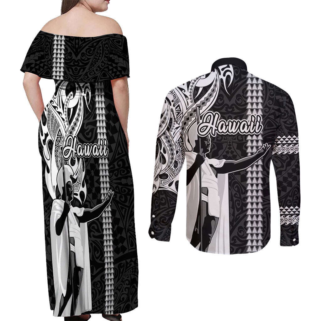 Hawaii Kahoolawe Island Couples Matching Off Shoulder Maxi Dress and Long Sleeve Button Shirts Hawaiian King and Kakau Symbols Abstract Shoulder Tattoo LT03 - Polynesian Pride