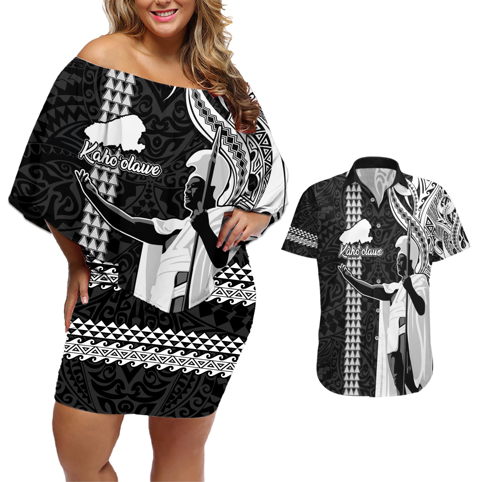 Hawaii Kahoolawe Island Couples Matching Off Shoulder Short Dress and Hawaiian Shirt Hawaiian King and Kakau Symbols Abstract Shoulder Tattoo LT03 Black - Polynesian Pride