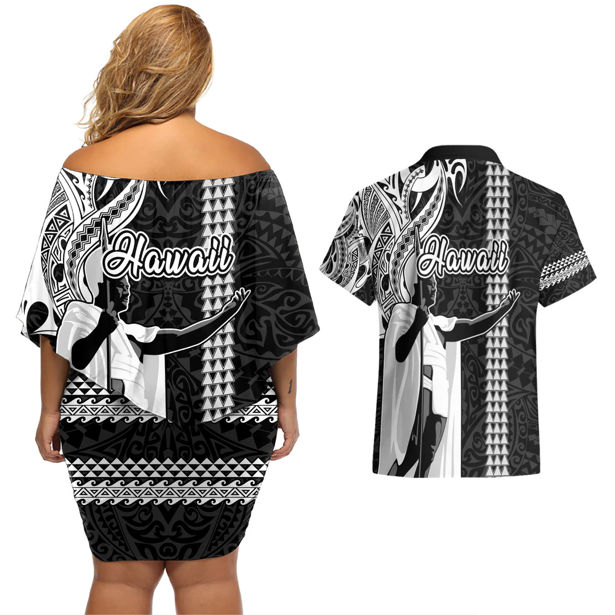 Hawaii Kahoolawe Island Couples Matching Off Shoulder Short Dress and Hawaiian Shirt Hawaiian King and Kakau Symbols Abstract Shoulder Tattoo LT03 - Polynesian Pride