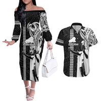 Hawaii Kahoolawe Island Couples Matching Off The Shoulder Long Sleeve Dress and Hawaiian Shirt Hawaiian King and Kakau Symbols Abstract Shoulder Tattoo LT03 Black - Polynesian Pride