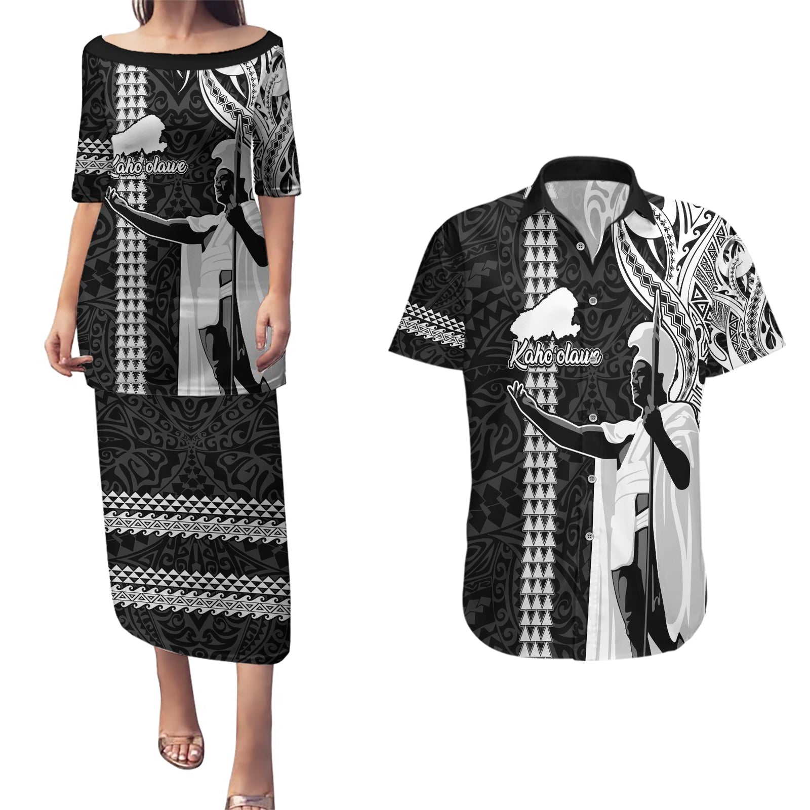 Hawaii Kahoolawe Island Couples Matching Puletasi Dress and Hawaiian Shirt Hawaiian King and Kakau Symbols Abstract Shoulder Tattoo LT03 Black - Polynesian Pride