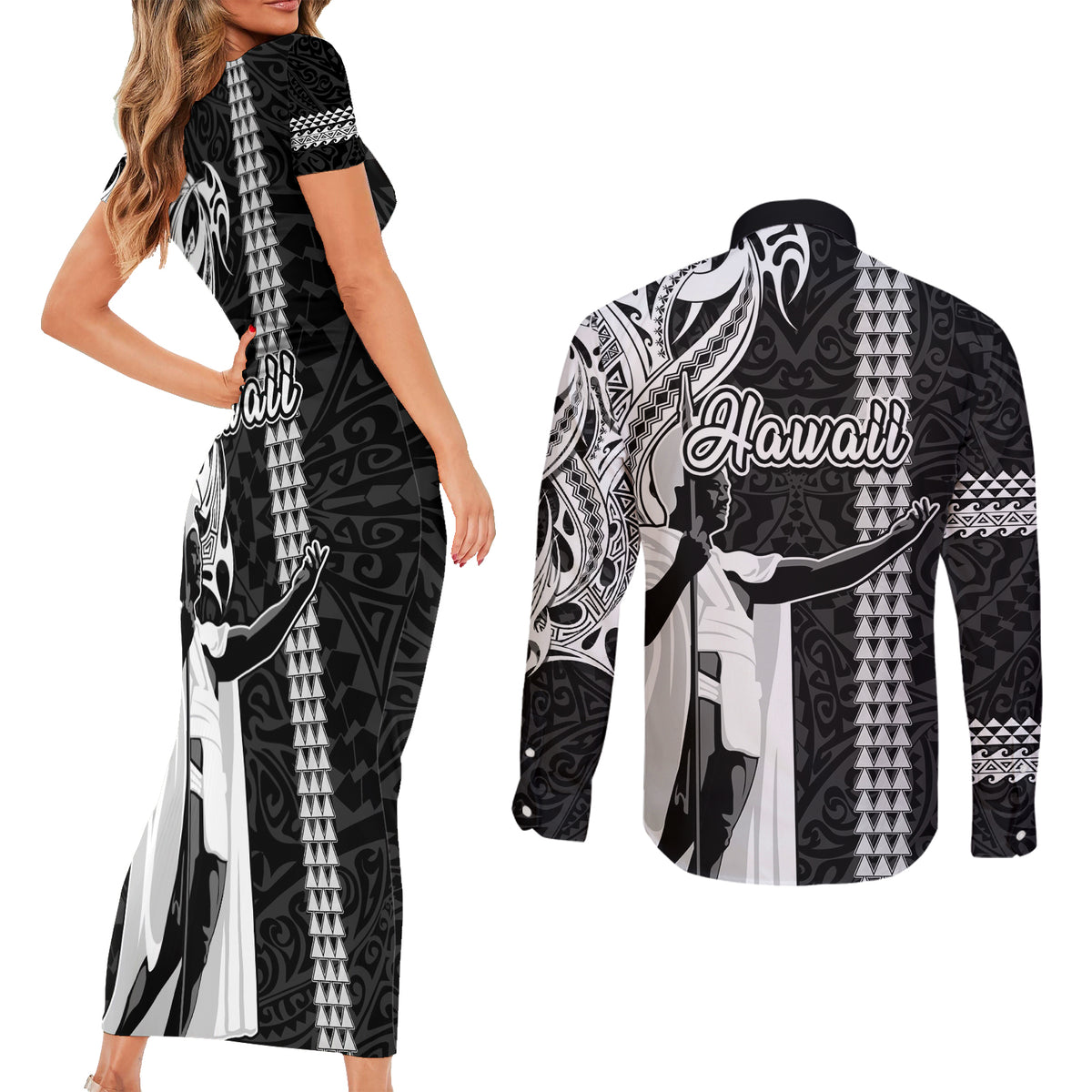 Hawaii Kahoolawe Island Couples Matching Short Sleeve Bodycon Dress and Long Sleeve Button Shirts Hawaiian King and Kakau Symbols Abstract Shoulder Tattoo LT03 - Polynesian Pride