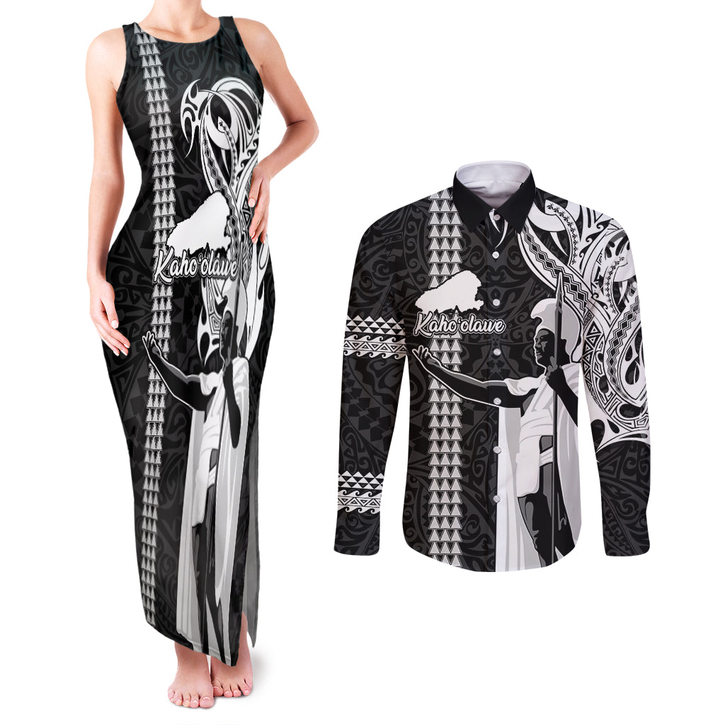 Hawaii Kahoolawe Island Couples Matching Tank Maxi Dress and Long Sleeve Button Shirts Hawaiian King and Kakau Symbols Abstract Shoulder Tattoo LT03 Black - Polynesian Pride