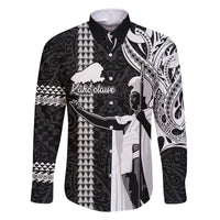 Hawaii Kahoolawe Island Family Matching Long Sleeve Bodycon Dress and Hawaiian Shirt Hawaiian King and Kakau Symbols Abstract Shoulder Tattoo LT03 Dad's Shirt - Long Sleeve Black - Polynesian Pride