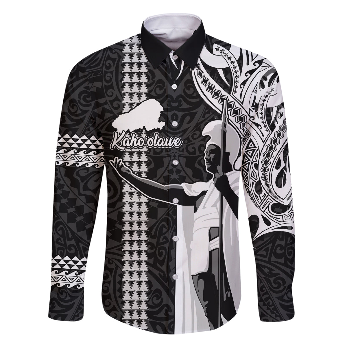 Hawaii Kahoolawe Island Family Matching Mermaid Dress and Hawaiian Shirt Hawaiian King and Kakau Symbols Abstract Shoulder Tattoo LT03 Dad's Shirt - Long Sleeve Black - Polynesian Pride