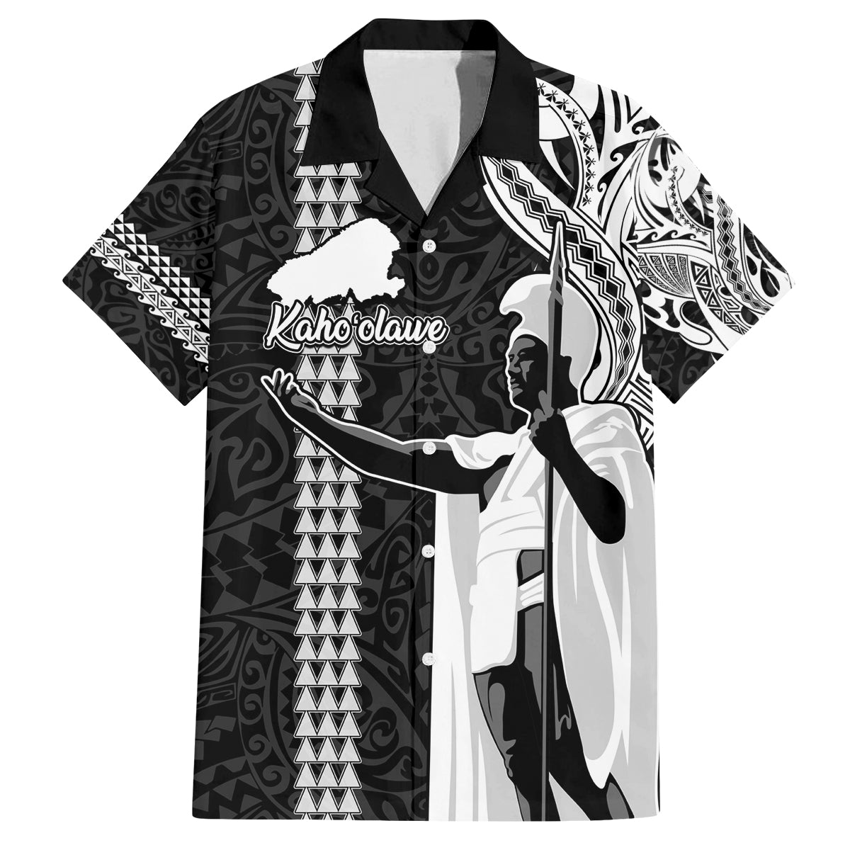 Hawaii Kahoolawe Island Family Matching Summer Maxi Dress and Hawaiian Shirt Hawaiian King and Kakau Symbols Abstract Shoulder Tattoo LT03 Dad's Shirt - Short Sleeve Black - Polynesian Pride