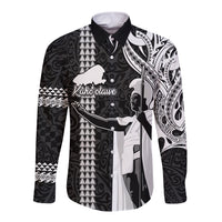 Hawaii Kahoolawe Island Long Sleeve Button Shirt Hawaiian King and Kakau Symbols Abstract Shoulder Tattoo LT03 Unisex Black - Polynesian Pride