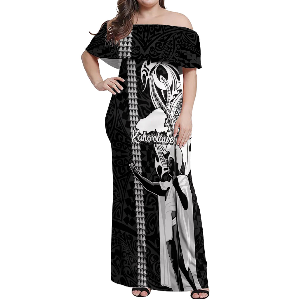 Hawaii Kahoolawe Island Off Shoulder Maxi Dress Hawaiian King and Kakau Symbols Abstract Shoulder Tattoo LT03 Women Black - Polynesian Pride