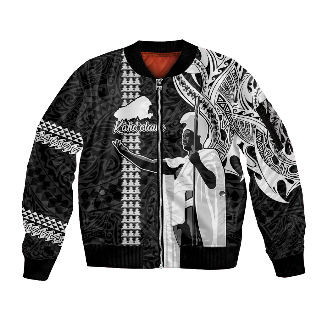 Hawaii Kahoolawe Island Sleeve Zip Bomber Jacket Hawaiian King and Kakau Symbols Abstract Shoulder Tattoo LT03 Unisex Black - Polynesian Pride