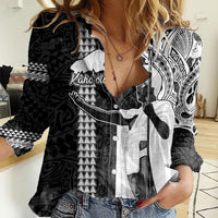 Hawaii Kahoolawe Island Women Casual Shirt Hawaiian King and Kakau Symbols Abstract Shoulder Tattoo LT03 Female Black - Polynesian Pride