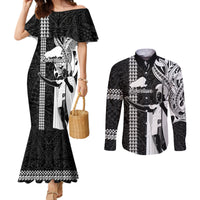 Custom Hawaii Kahoolawe Island Couples Matching Mermaid Dress and Long Sleeve Button Shirts Hawaiian King and Kakau Symbols Abstract Shoulder Tattoo LT03 Black - Polynesian Pride