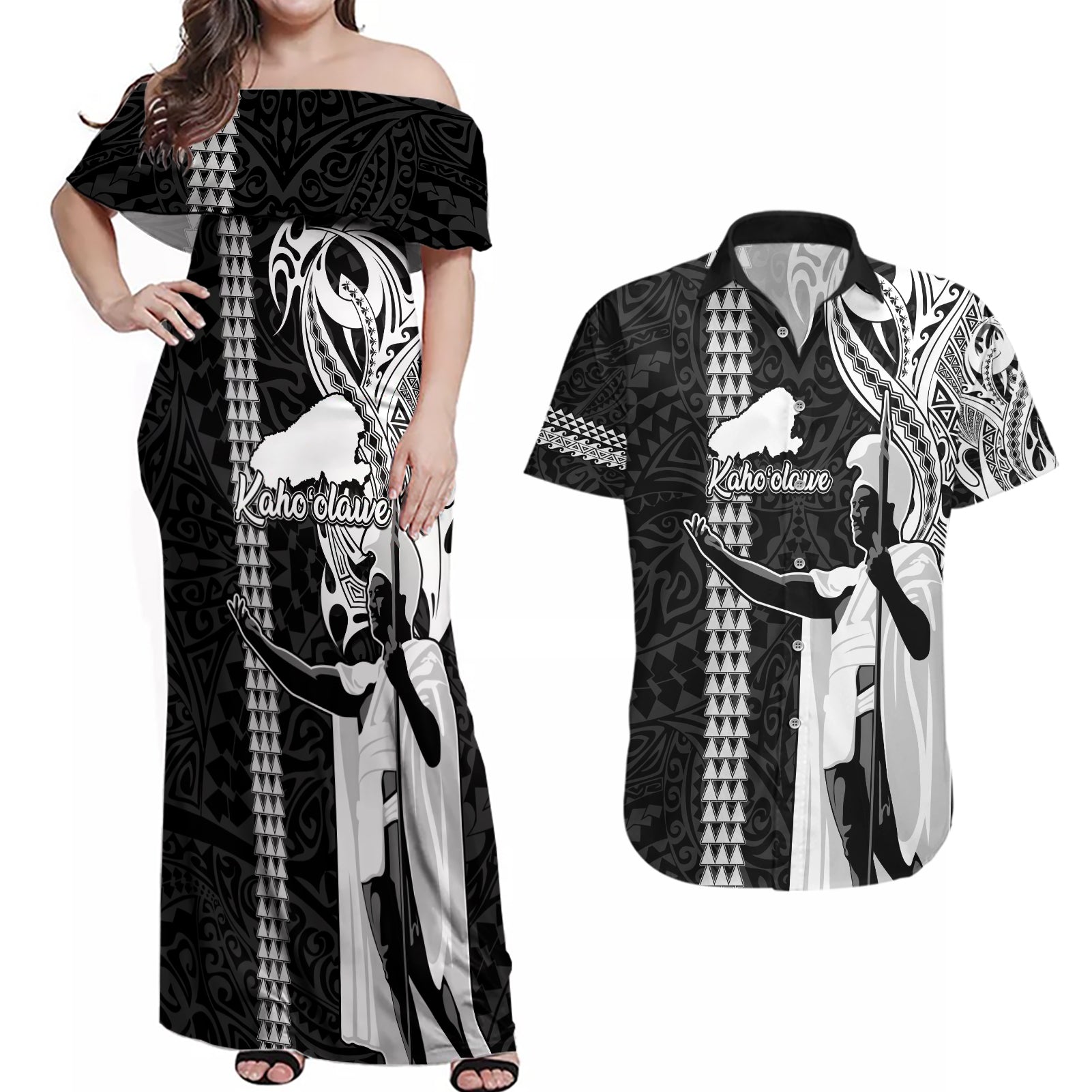 Custom Hawaii Kahoolawe Island Couples Matching Off Shoulder Maxi Dress and Hawaiian Shirt Hawaiian King and Kakau Symbols Abstract Shoulder Tattoo LT03 Black - Polynesian Pride