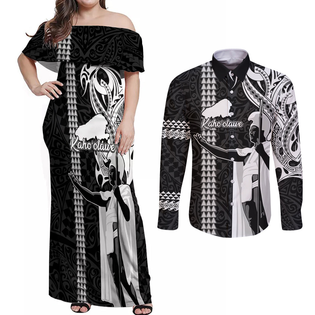 Custom Hawaii Kahoolawe Island Couples Matching Off Shoulder Maxi Dress and Long Sleeve Button Shirts Hawaiian King and Kakau Symbols Abstract Shoulder Tattoo LT03 Black - Polynesian Pride