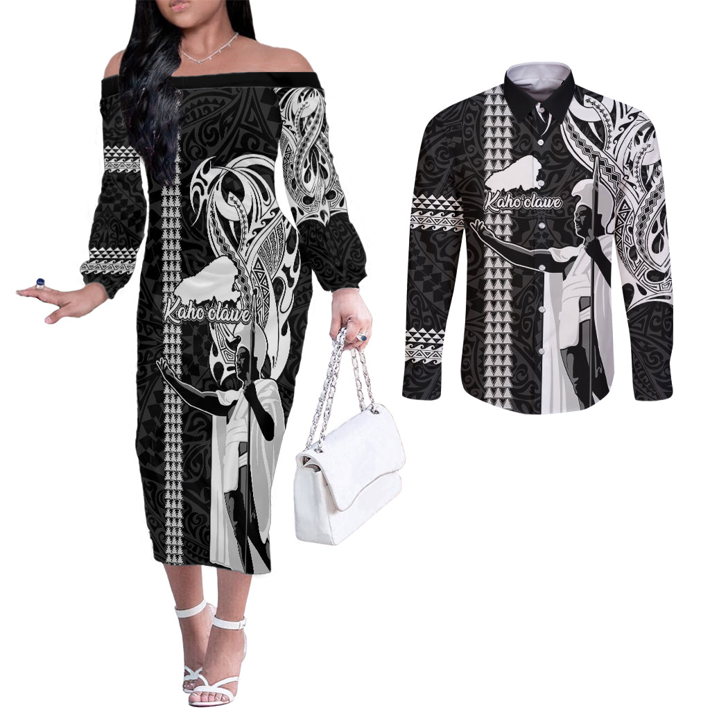 Custom Hawaii Kahoolawe Island Couples Matching Off The Shoulder Long Sleeve Dress and Long Sleeve Button Shirts Hawaiian King and Kakau Symbols Abstract Shoulder Tattoo LT03 Black - Polynesian Pride