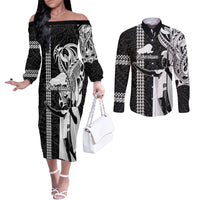 Custom Hawaii Kahoolawe Island Couples Matching Off The Shoulder Long Sleeve Dress and Long Sleeve Button Shirts Hawaiian King and Kakau Symbols Abstract Shoulder Tattoo LT03 Black - Polynesian Pride