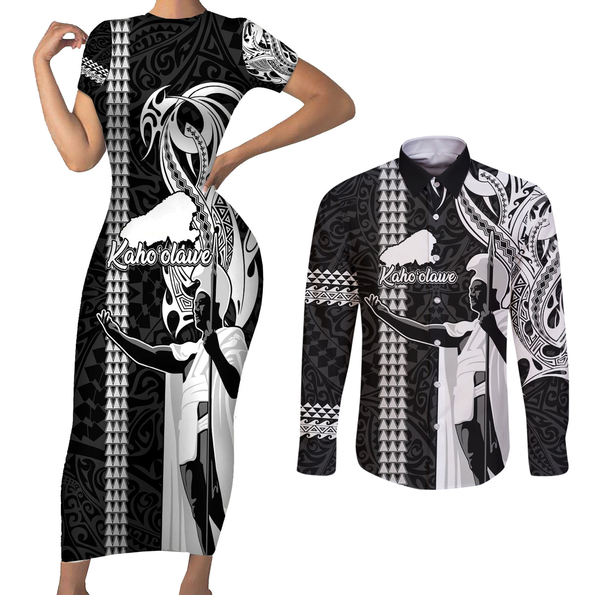 Custom Hawaii Kahoolawe Island Couples Matching Short Sleeve Bodycon Dress and Long Sleeve Button Shirts Hawaiian King and Kakau Symbols Abstract Shoulder Tattoo LT03 Black - Polynesian Pride