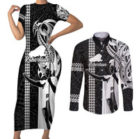 Custom Hawaii Kahoolawe Island Couples Matching Short Sleeve Bodycon Dress and Long Sleeve Button Shirts Hawaiian King and Kakau Symbols Abstract Shoulder Tattoo LT03 Black - Polynesian Pride