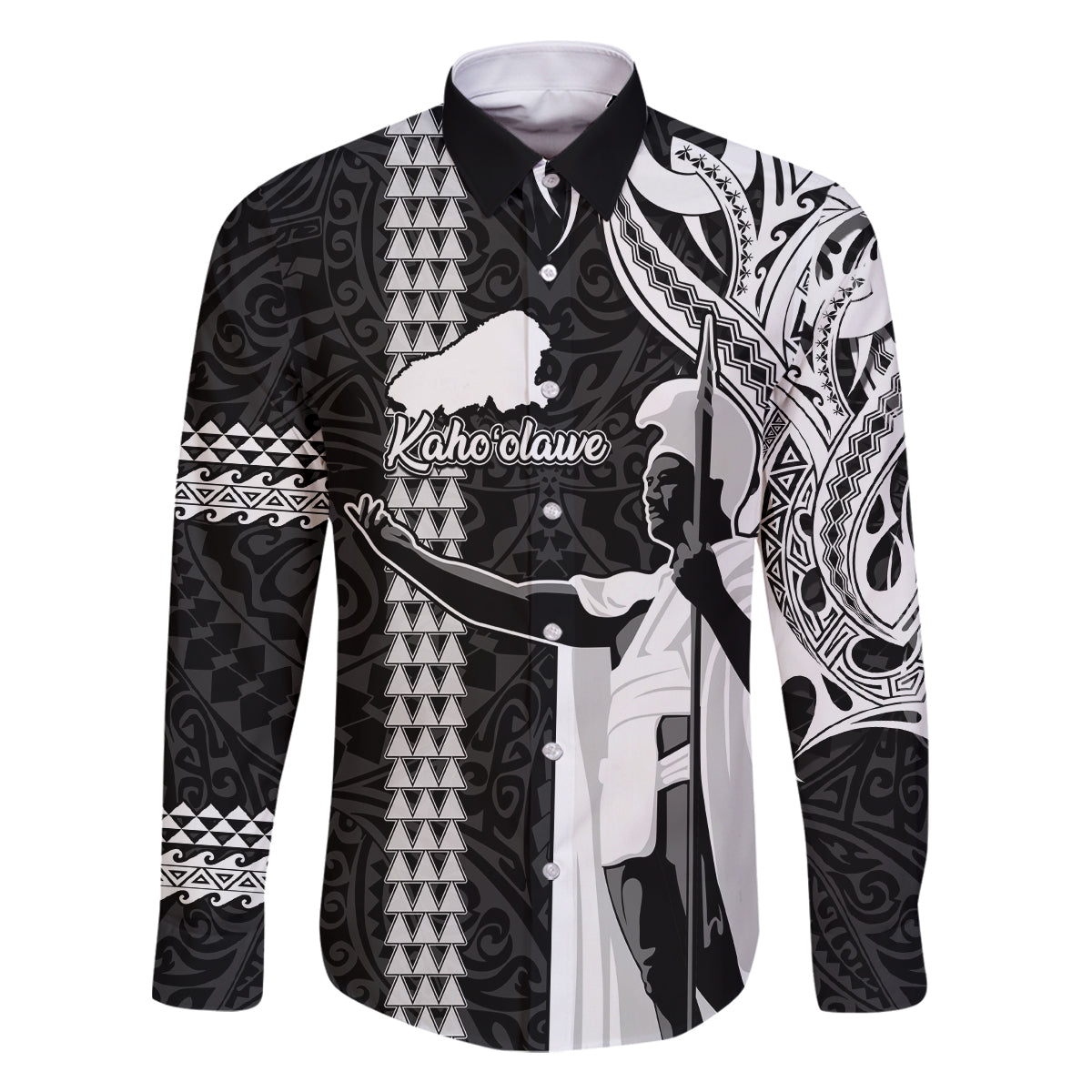 Custom Hawaii Kahoolawe Island Family Matching Long Sleeve Bodycon Dress and Hawaiian Shirt Hawaiian King and Kakau Symbols Abstract Shoulder Tattoo LT03 Dad's Shirt - Long Sleeve Black - Polynesian Pride