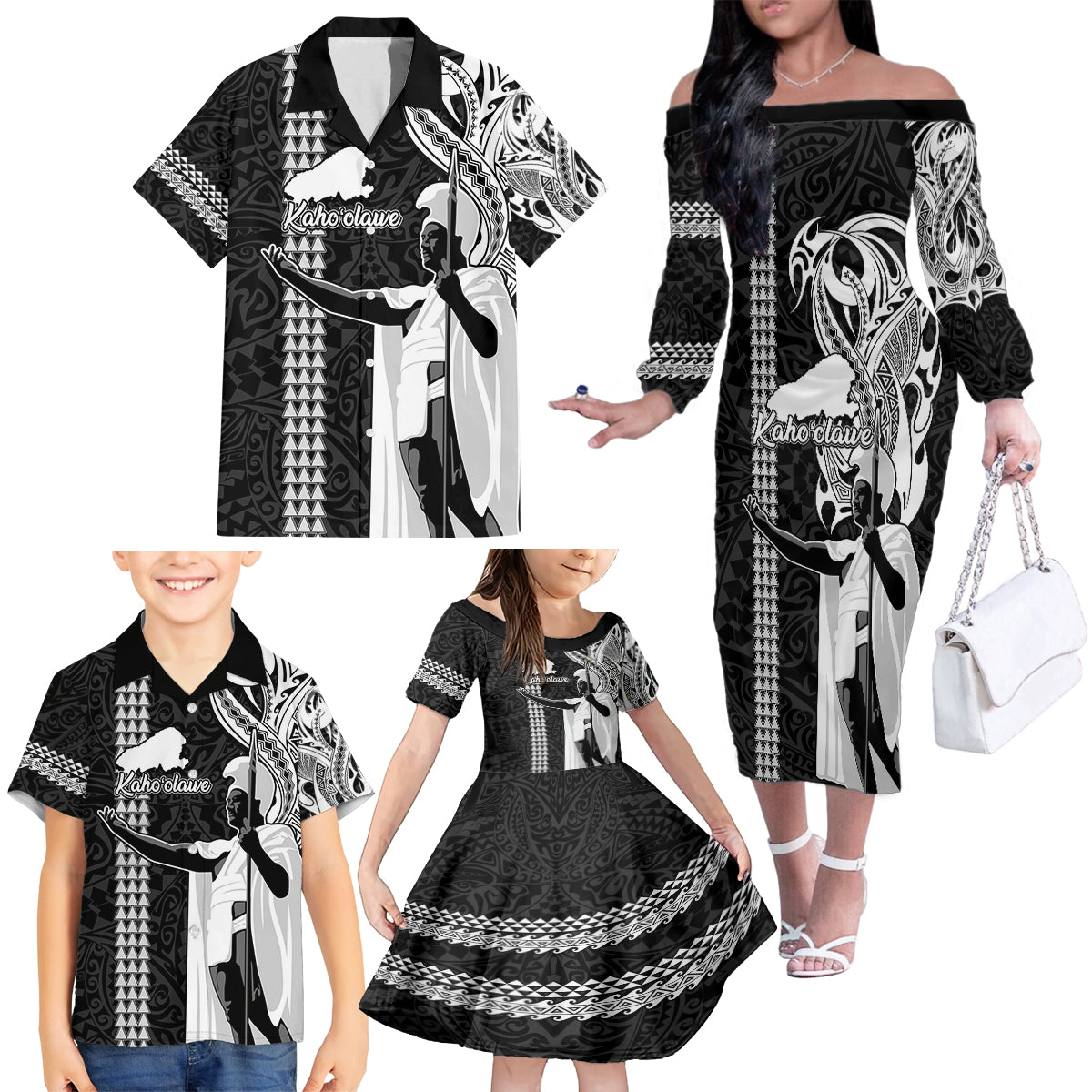 Custom Hawaii Kahoolawe Island Family Matching Off Shoulder Long Sleeve Dress and Hawaiian Shirt Hawaiian King and Kakau Symbols Abstract Shoulder Tattoo LT03 - Polynesian Pride