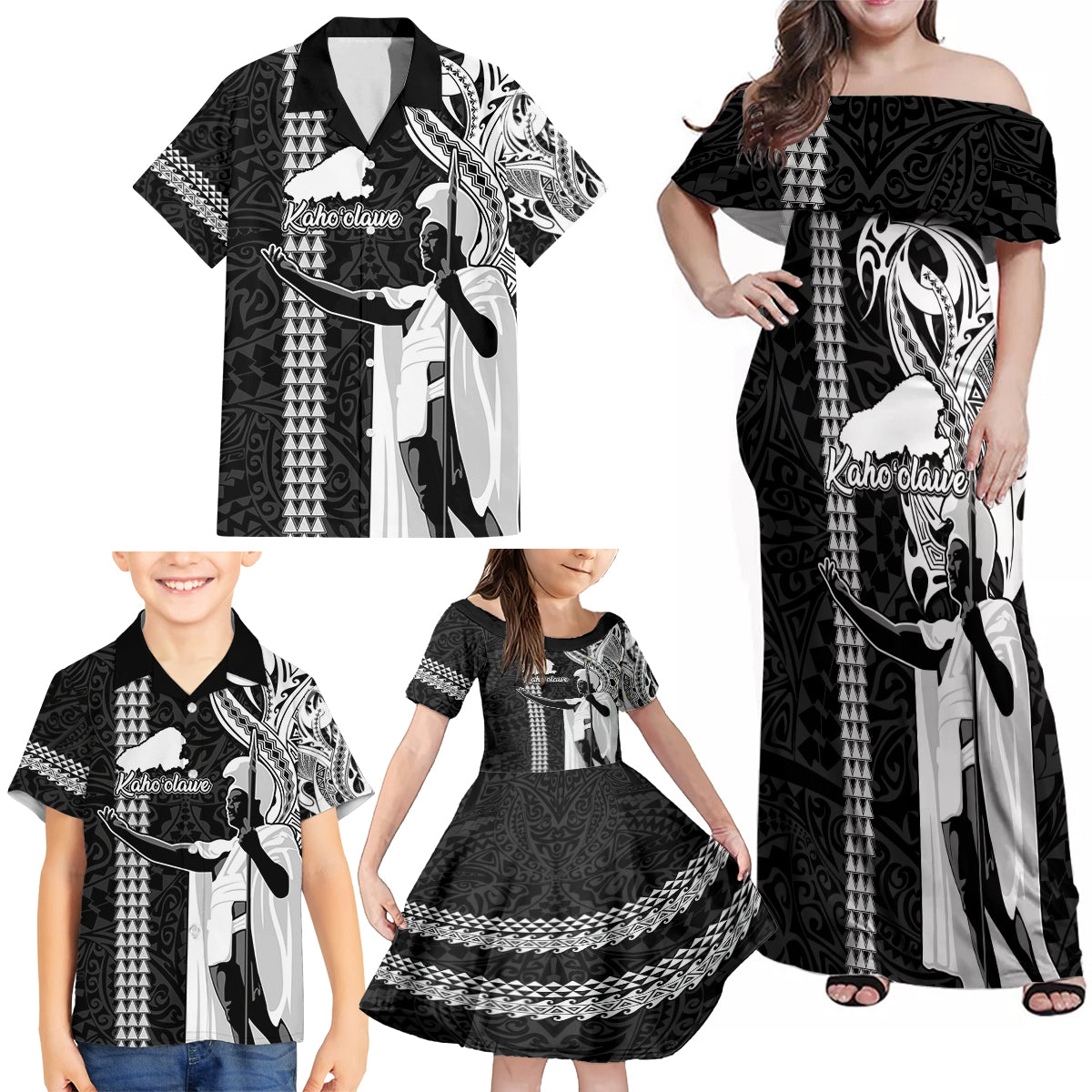 Custom Hawaii Kahoolawe Island Family Matching Off Shoulder Maxi Dress and Hawaiian Shirt Hawaiian King and Kakau Symbols Abstract Shoulder Tattoo LT03 - Polynesian Pride