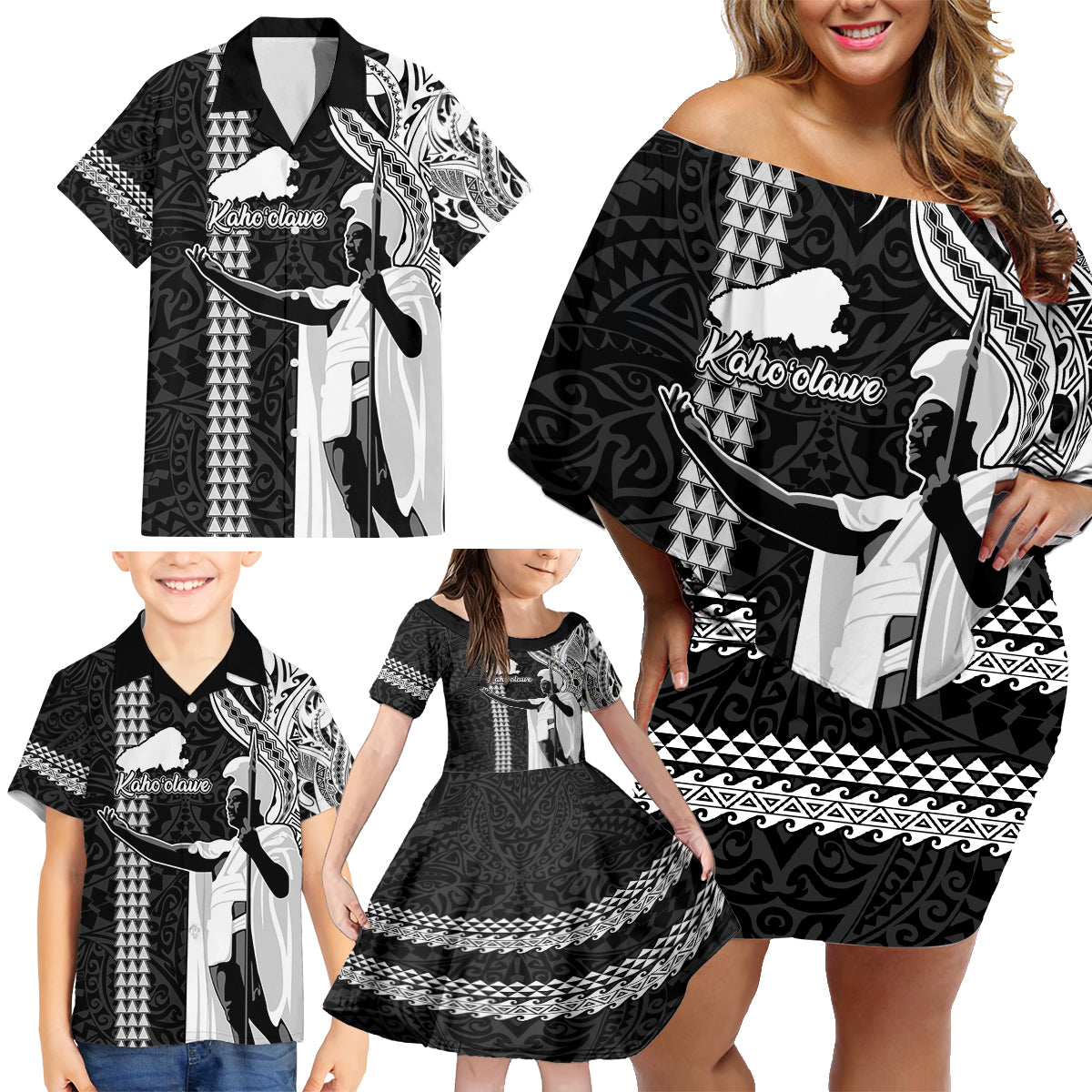 Custom Hawaii Kahoolawe Island Family Matching Off Shoulder Short Dress and Hawaiian Shirt Hawaiian King and Kakau Symbols Abstract Shoulder Tattoo LT03 - Polynesian Pride