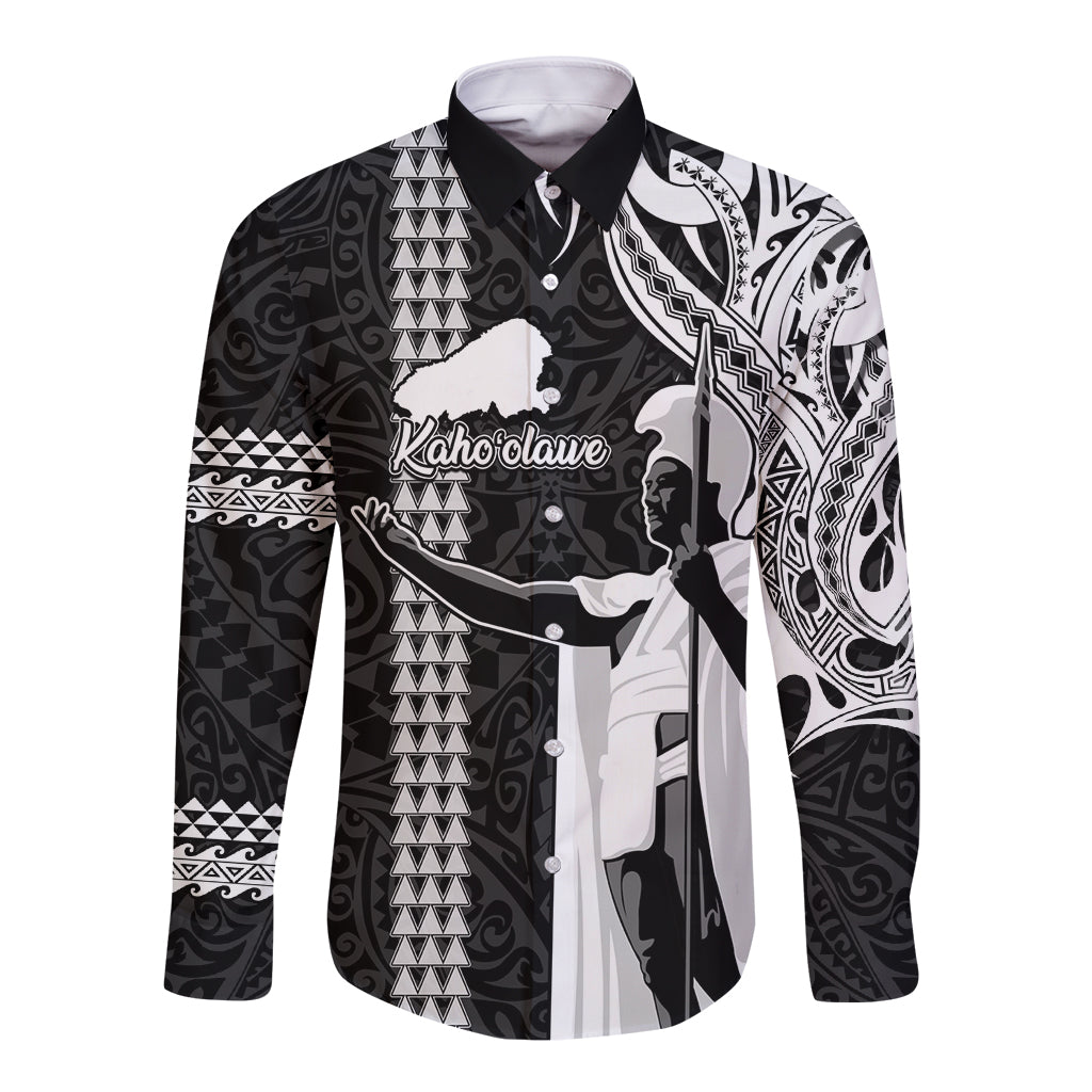 Custom Hawaii Kahoolawe Island Long Sleeve Button Shirt Hawaiian King and Kakau Symbols Abstract Shoulder Tattoo LT03 Unisex Black - Polynesian Pride