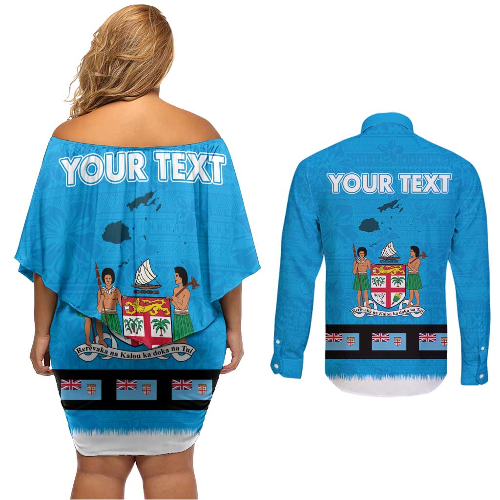 Fiji Merry Christmas Couples Matching Off Shoulder Short Dress and Long Sleeve Button Shirt Santa Suit Style With Tapa Tribal Pattern