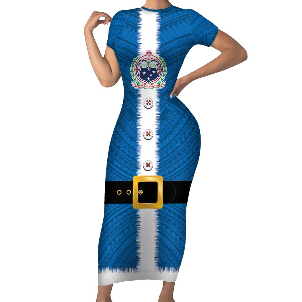 Samoa Merry Christmas Short Sleeve Bodycon Dress Santa Suit Style With Tatau Tattoo Pattern