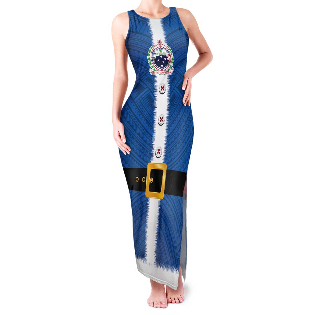 Samoa Merry Christmas Tank Maxi Dress Santa Suit Style With Tatau Tattoo Pattern LT03 Women Blue - Polynesian Pride