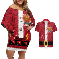 Papua New Guinea Merry Christmas Couples Matching Off Shoulder Short Dress and Hawaiian Shirt Santa Suit Style With Melanesian Pattern LT03 Red - Polynesian Pride