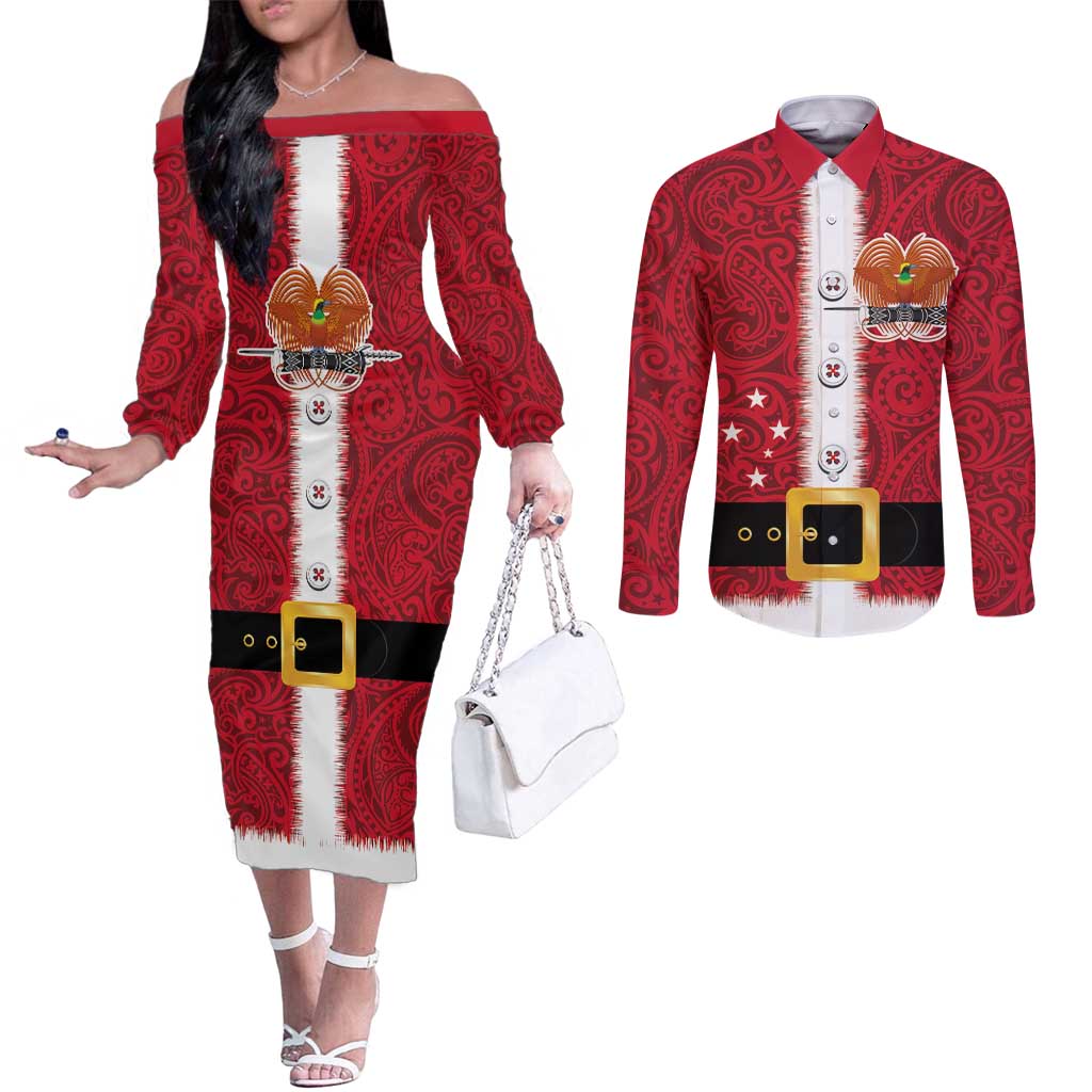 Papua New Guinea Merry Christmas Couples Matching Off The Shoulder Long Sleeve Dress and Long Sleeve Button Shirt Santa Suit Style With Melanesian Pattern