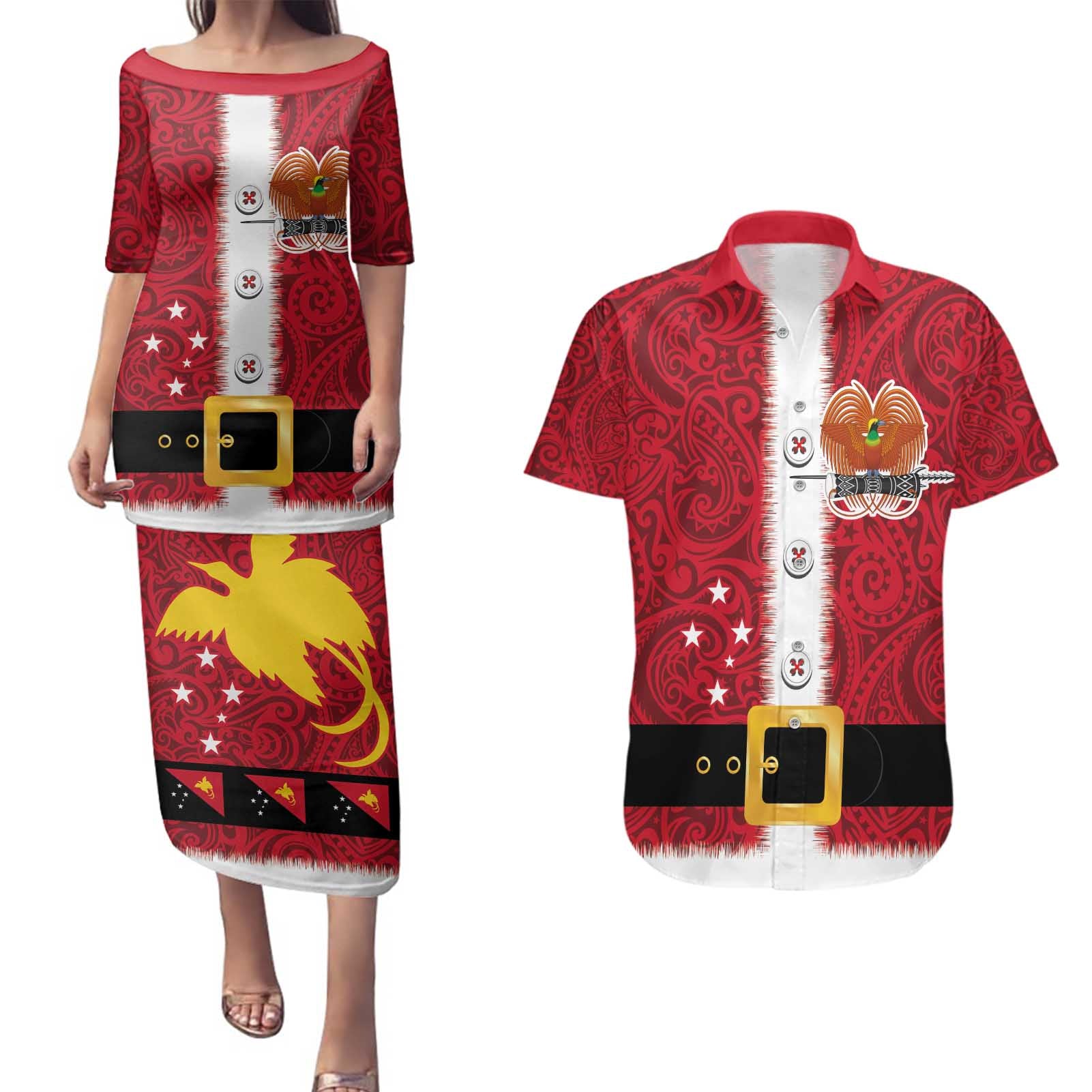 Papua New Guinea Merry Christmas Couples Matching Puletasi and Hawaiian Shirt Santa Suit Style With Melanesian Pattern