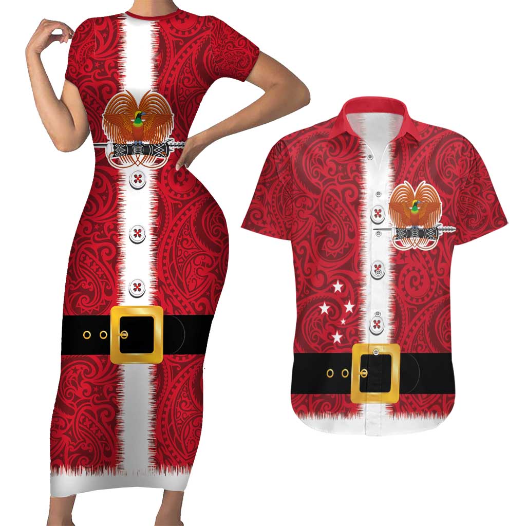 Papua New Guinea Merry Christmas Couples Matching Short Sleeve Bodycon Dress and Hawaiian Shirt Santa Suit Style With Melanesian Pattern