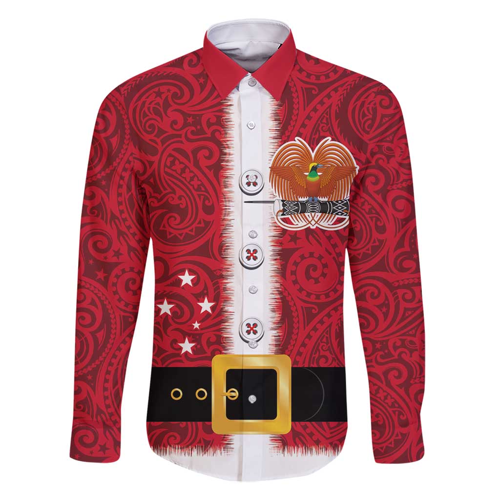 Papua New Guinea Merry Christmas Family Matching Off Shoulder Maxi Dress and Hawaiian Shirt Santa Suit Style With Melanesian Pattern LT03 Dad's Shirt - Long Sleeve Red - Polynesian Pride