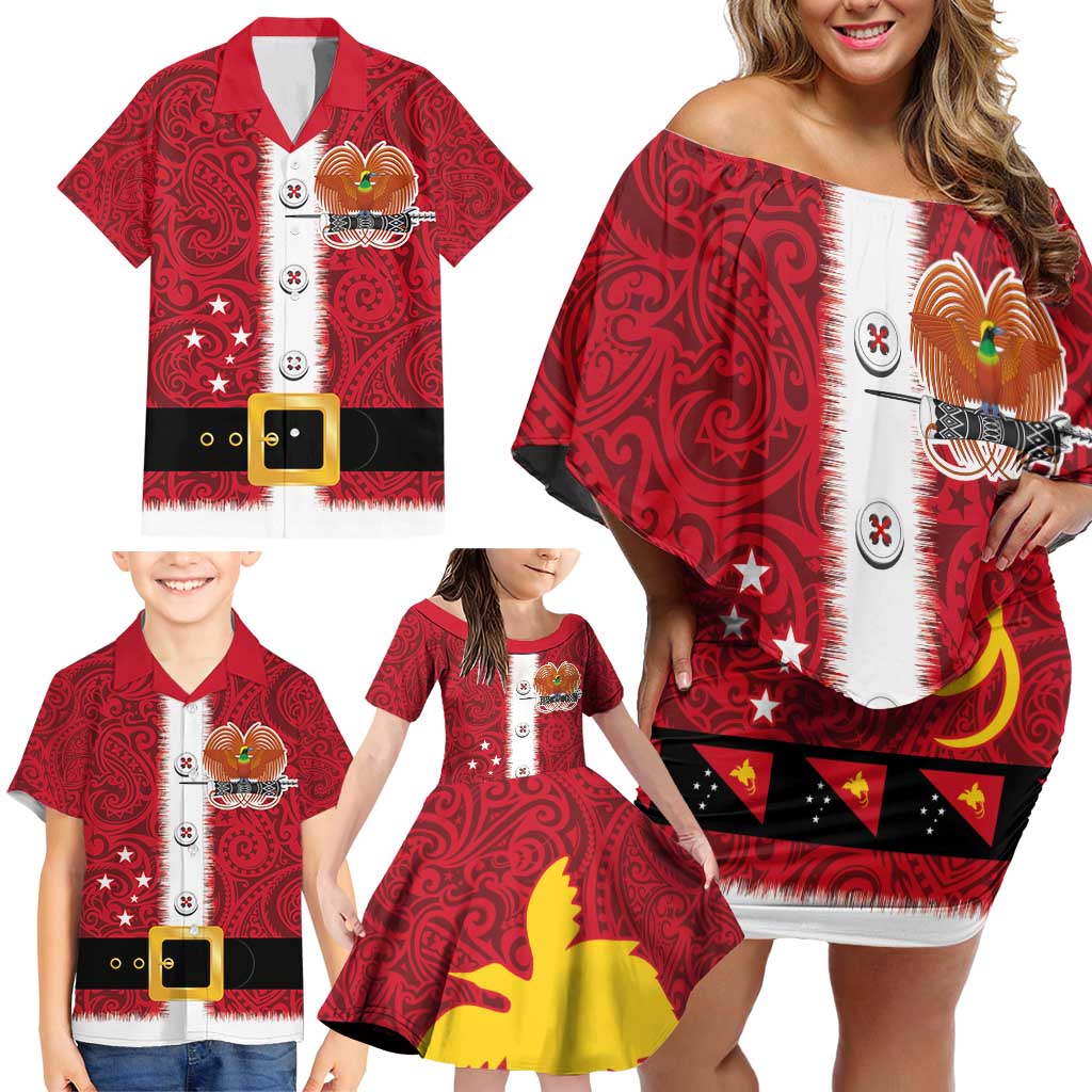 Papua New Guinea Merry Christmas Family Matching Off Shoulder Short Dress and Hawaiian Shirt Santa Suit Style With Melanesian Pattern