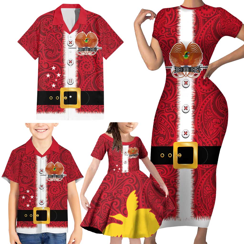 Papua New Guinea Merry Christmas Family Matching Short Sleeve Bodycon Dress and Hawaiian Shirt Santa Suit Style With Melanesian Pattern