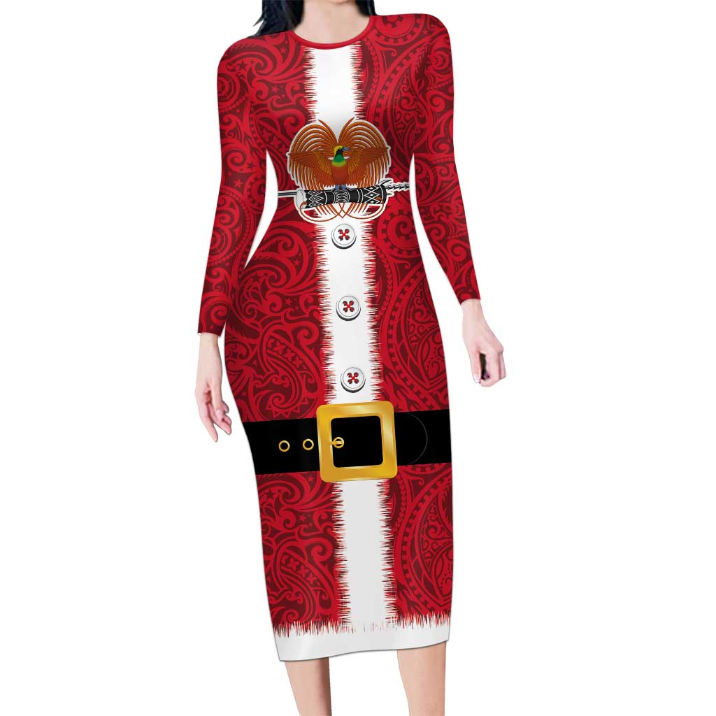 Papua New Guinea Merry Christmas Long Sleeve Bodycon Dress Santa Suit Style With Melanesian Pattern