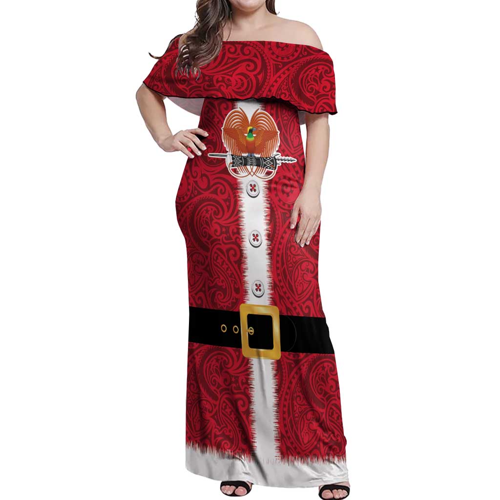 Papua New Guinea Merry Christmas Off Shoulder Maxi Dress Santa Suit Style With Melanesian Pattern