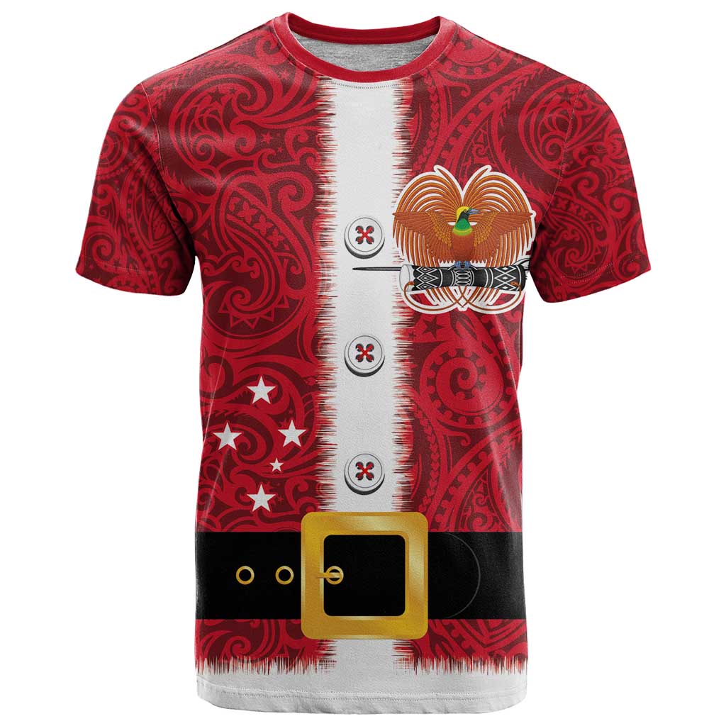 Papua New Guinea Merry Christmas T Shirt Santa Suit Style With Melanesian Pattern